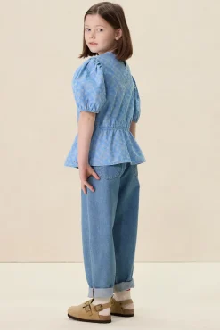 Lichtblauwe denim top met print