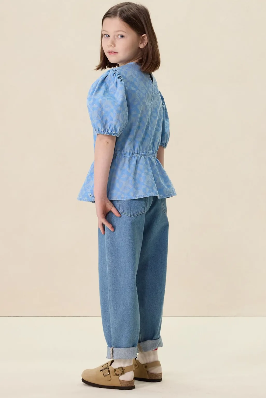 Lichtblauwe denim top met print