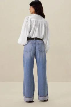 Lichtblauwe high waist wide leg jeans met omgeslagen pijpen