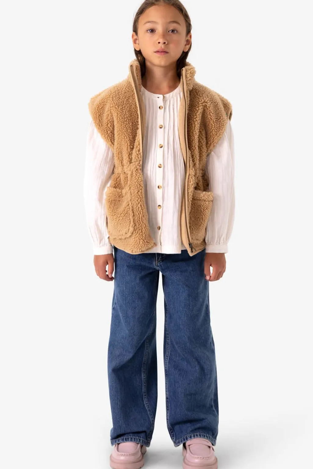 Lichtbruine teddy gilet met aantrekkoord