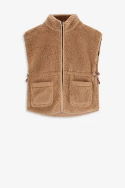Lichtbruine teddy gilet met aantrekkoord