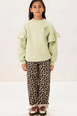 Lichtgroene oversized sweater met ruffles en smiley patch