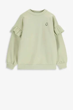 Lichtgroene oversized sweater met ruffles en smiley patch
