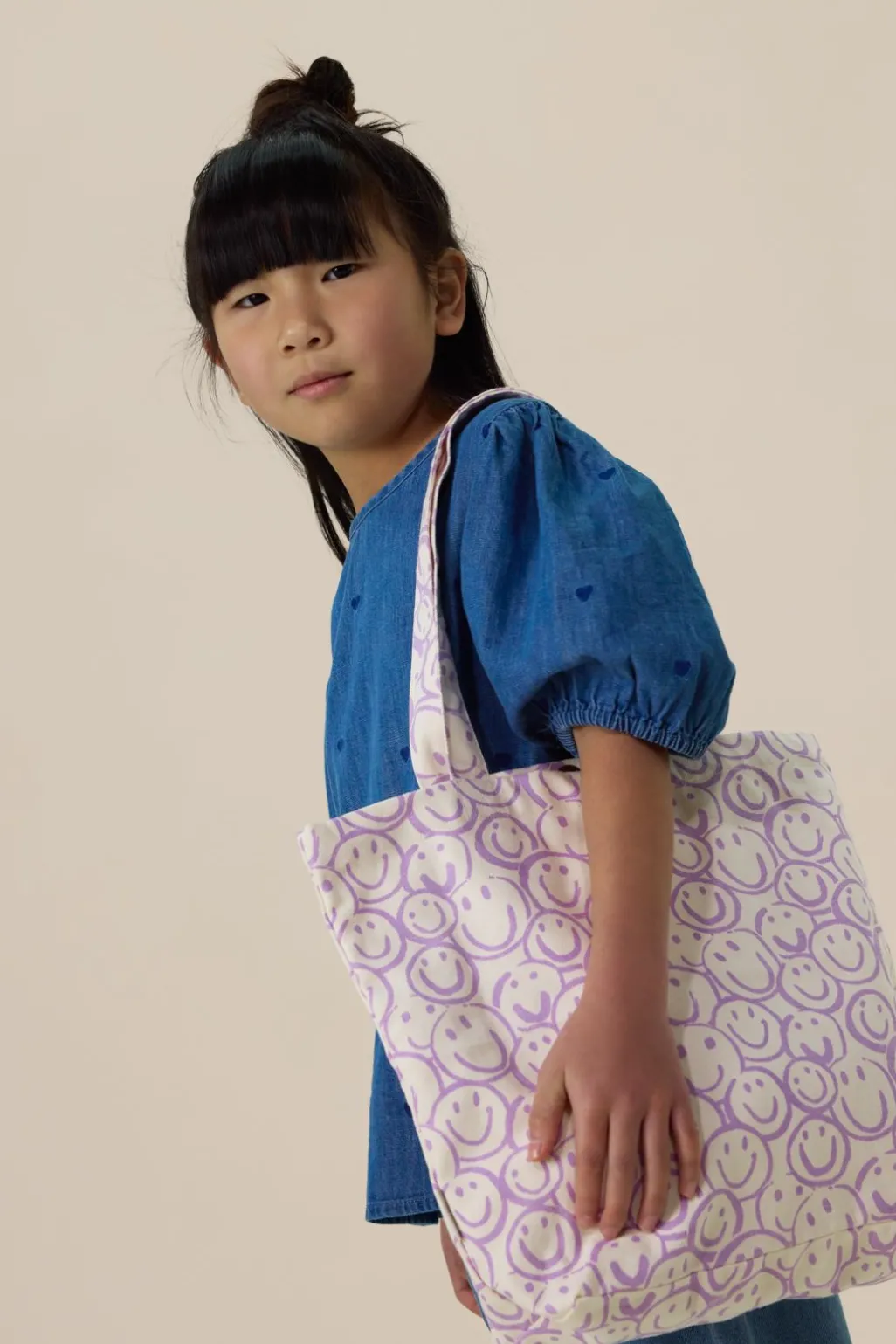 Lichtpaarse canvas shopper met smiley print