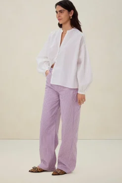 Lichtpaarse mid waist wide leg jeans met strepen