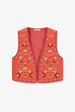 Lichtrood gilet met bloemen embroidery
