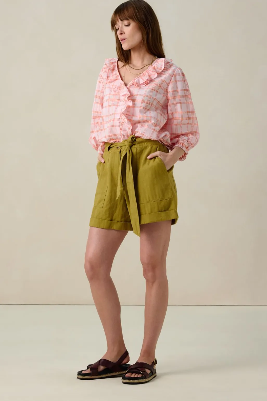 Lichtroze blouse met ruiten