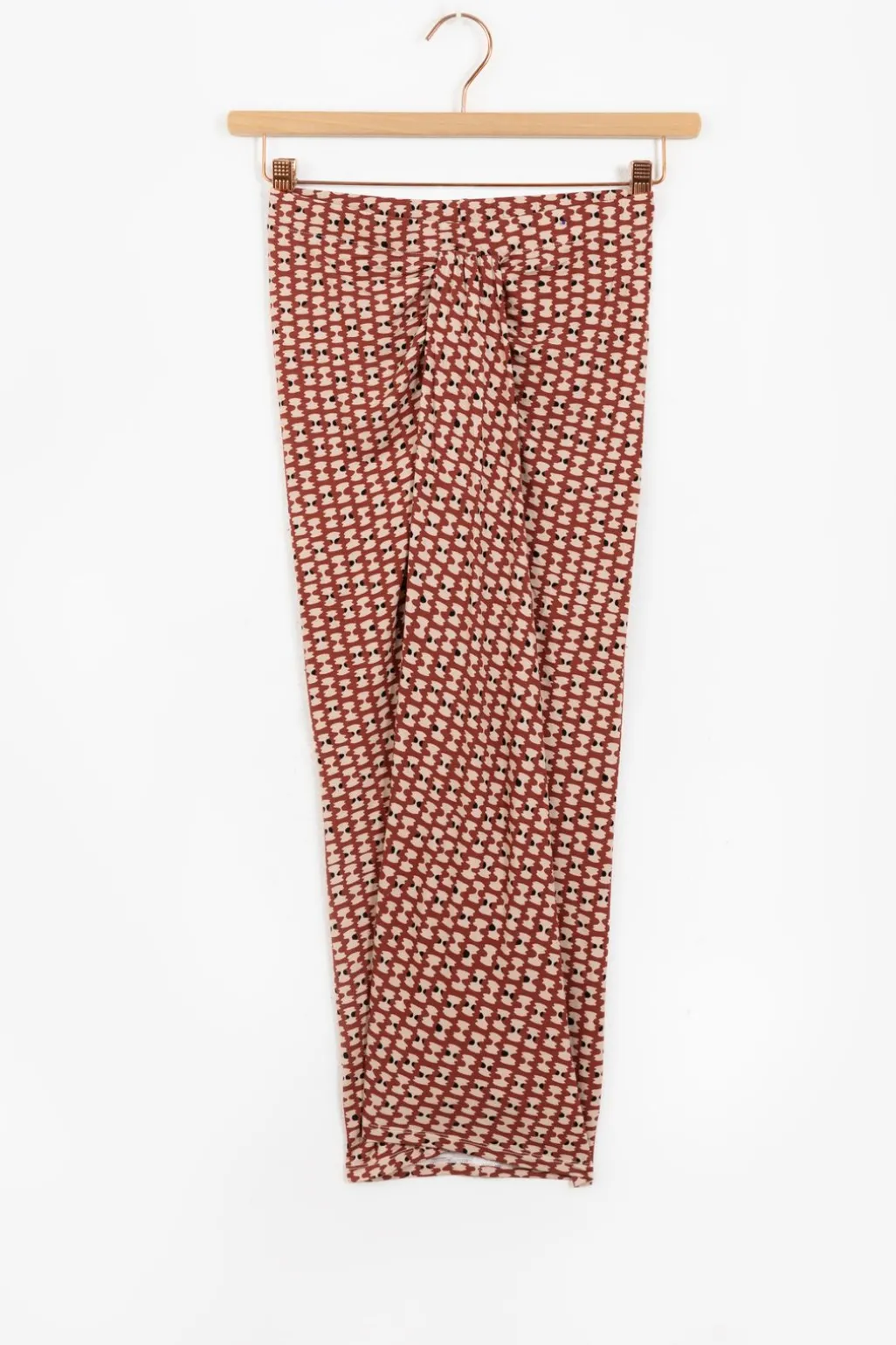 Terracotta midi rok met print en knoopdetail