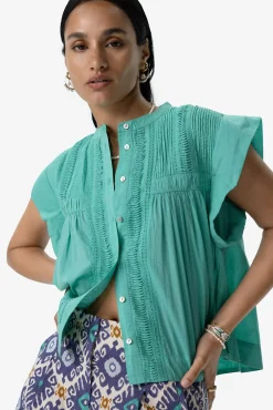 Turquoise mouwloze blouse met pintuck details