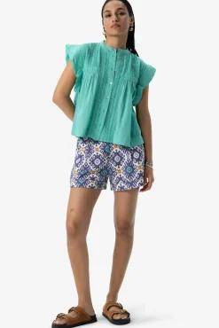 Turquoise mouwloze blouse met pintuck details