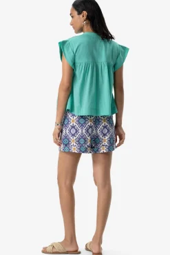 Turquoise mouwloze blouse met pintuck details