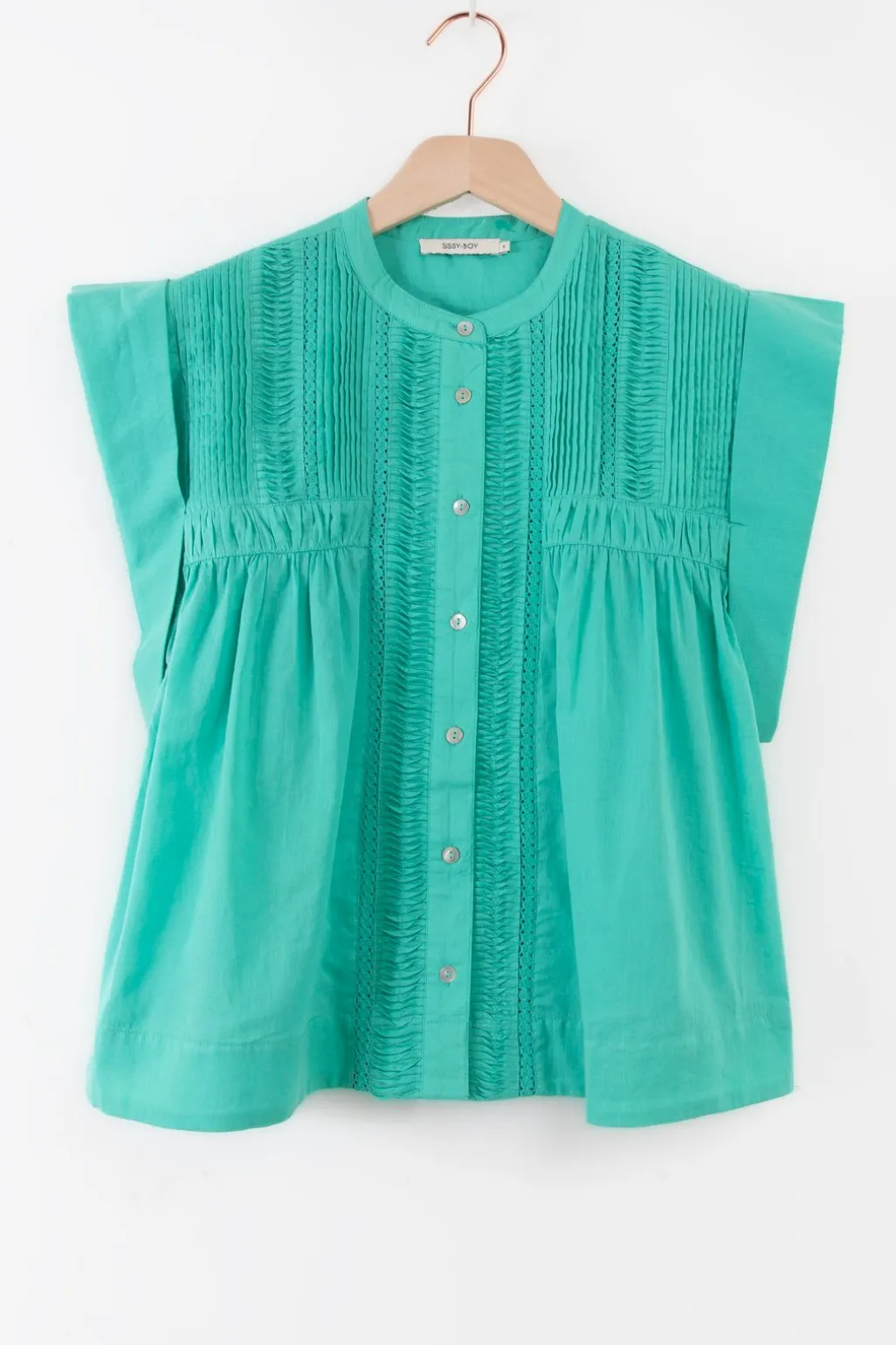 Turquoise mouwloze blouse met pintuck details