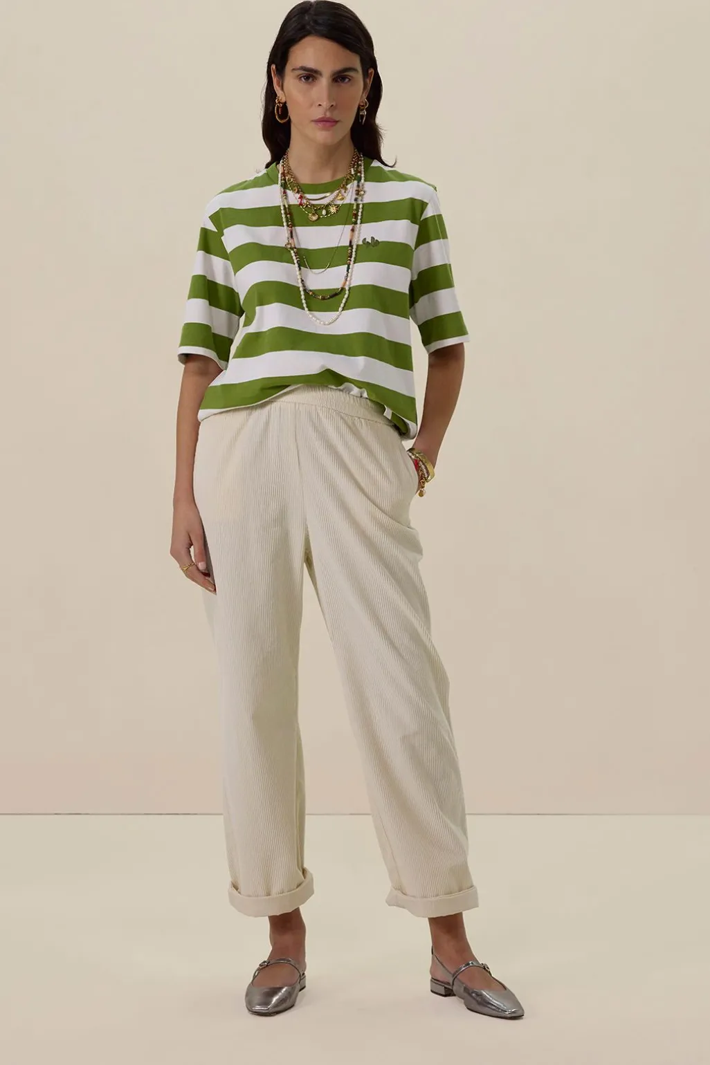 Witte mid waist wide leg corduroy broek