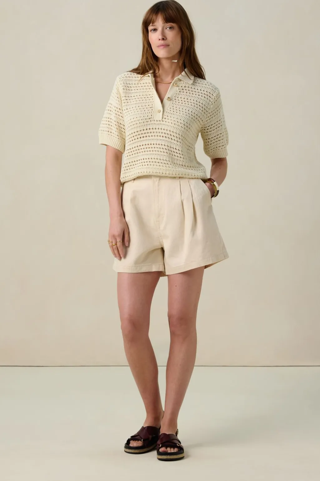 Witte open gebreide polo