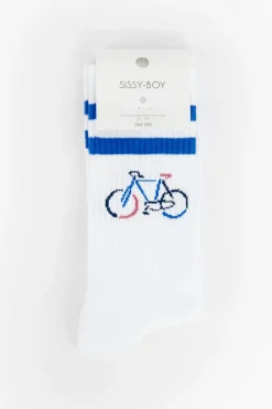 Witte sportsokken met blauwe strepen en fiets