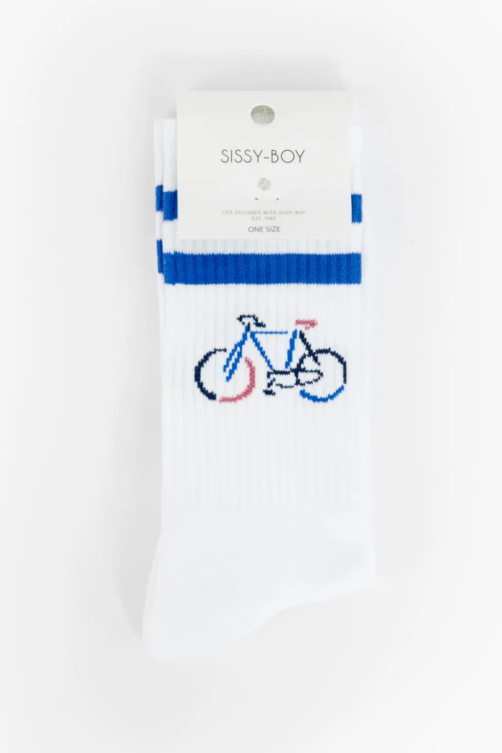 Witte sportsokken met blauwe strepen en fiets