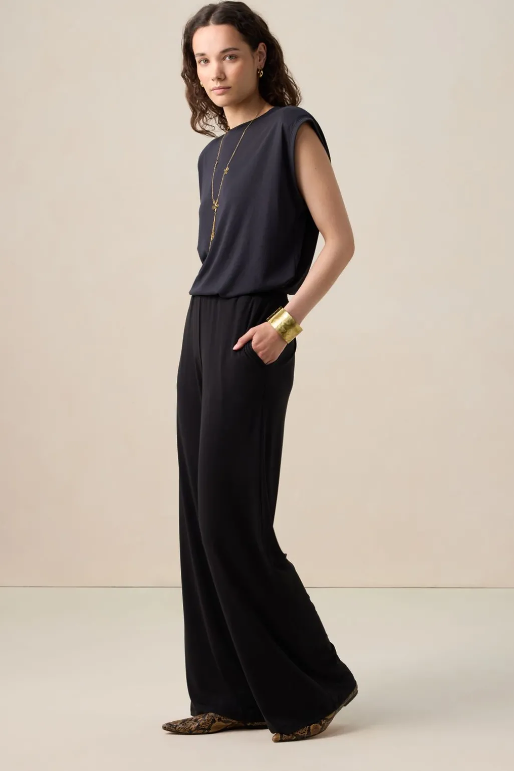 Zwarte mid waist jersey broek